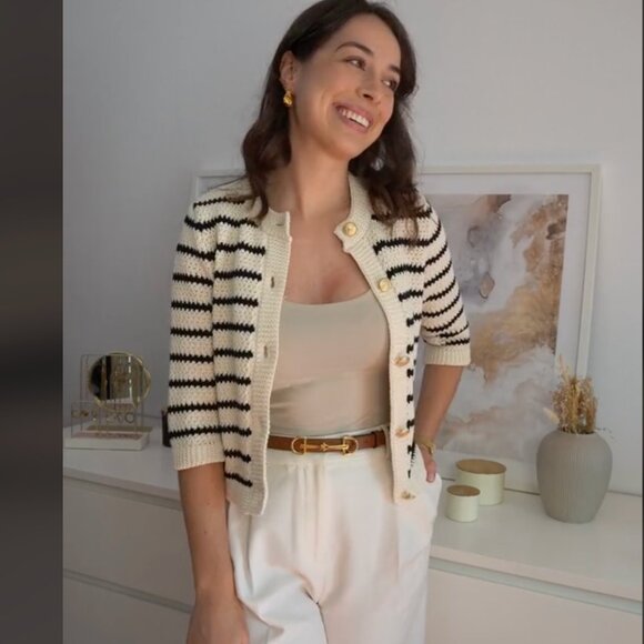 Zara women STRIPED KNIT CARDIGAN Black white stripes Gold button 6771/008 XL NWT - Picture 6 of 13